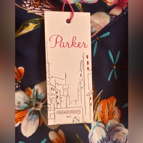 Parker dark blue background with floral print cold-shoulder ruffled sleeves  M - Picture 12 of 16